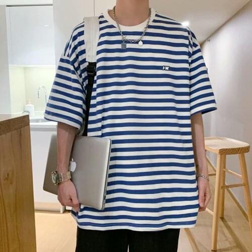 Summer 2021 new striped t-shirt mens trend Korean fashion brand five-point sleeve youth short-sleeved loose top summer
