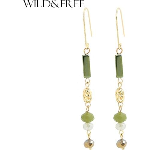 Wild&Free Fashion Green Beaded Long Drop Earrings For Womens Summer Fresh Glass Beads Gold Color Hook Dangle Earring Jewelry