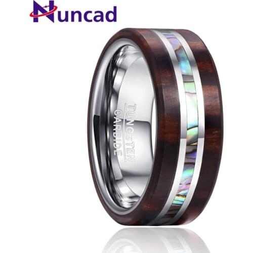 NUNCAD Mens Engrave Name Rings 8MM Ebony Wood Grain Natural Abalone Shell Tungsten Steel Ring Wedding Band Boyfriends Gift