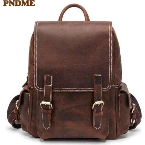 Natural crazy horse cowhide mens backpack vintage luxury high quality genuine leather designer outdoor travel womens bagpack