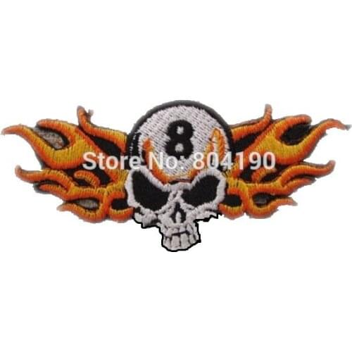 3.9" SKULL & FLAMES No. 8 Biker Iron On On Patch Tshirt TRANSFER MOTIF APPLIQUE Rock Punk Badge Jacket Shirt Pants Hats