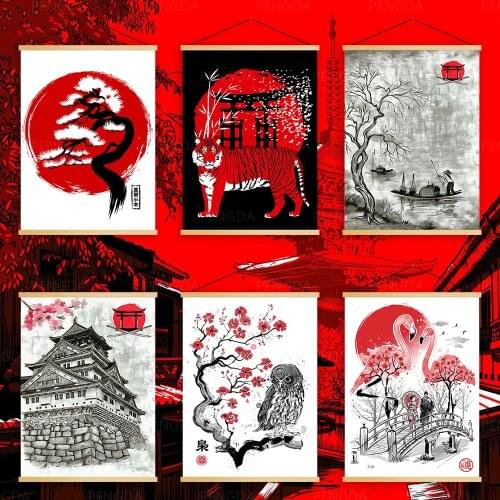 Home Decoration Animal Wall Artwork Picture Wooden Scroll Hanging Painting Print Canvas Retro Landscape Poster For Living Room