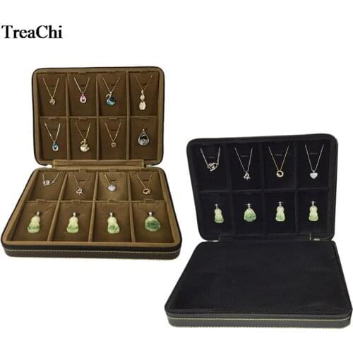 New Black Leather 16 Grids Pendant Jewelry Display Case Brown Necklace Exhibition Organzier Storage Travel Zipper Box