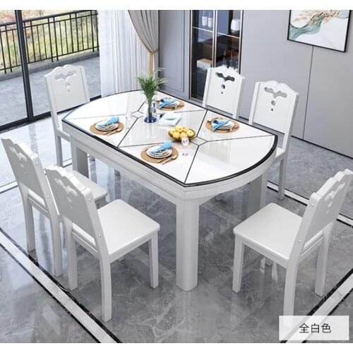 Mesh toughened glass dining table chair combination telescopic simple modern household solid wood dining table 6 people