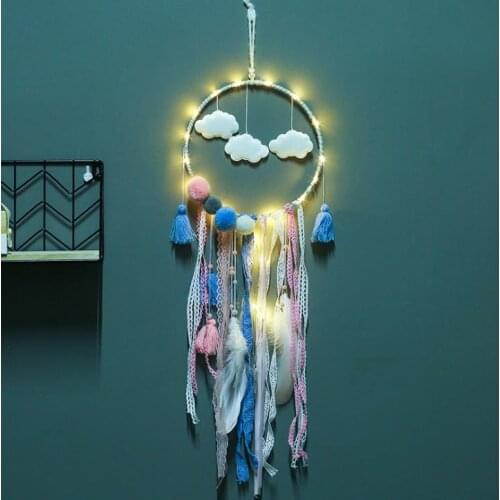 Cloud Dream Catcher Feather Girl Style Handmade Dreamcatcher With String Light Innovative Home Bedside Wall Hanging Decoration