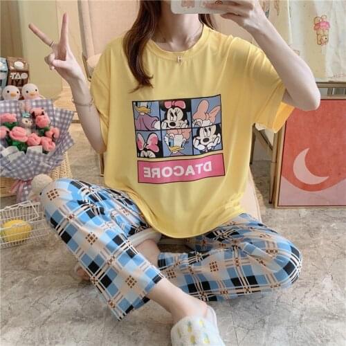 Cartoon Mickey Minnie print ladies pajamas short-sleeved trousers spring and summer new milk silk girl pajamas womens suit
