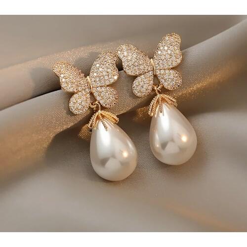 Micro Pave Butterfly Pearl Earrings For Women Personality Classic New Fashion Jewelry Luxury Earings bijoux