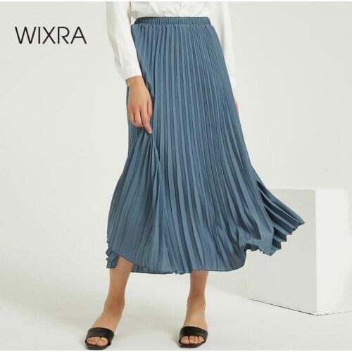 Wixra Solid Pleated Skirts Elegant High Elastic Waist Vintage Party Long Skirt Ladies Bottom Autumn Winter Spring
