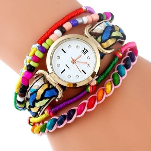 Gnova Platinum Fashion Rainbow Strap Bracelet Women Watch Ethnic Wooden Beads Fashion Dress Wristwatch Quartz Relogio A890