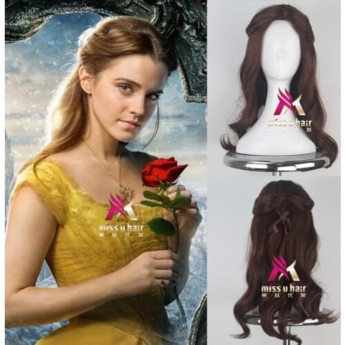 New Beauty and the Beast Princess Belle wig Cosplay Costume Women Long Wavy Synthetic Hair Halloween Party Role Play +wig cap