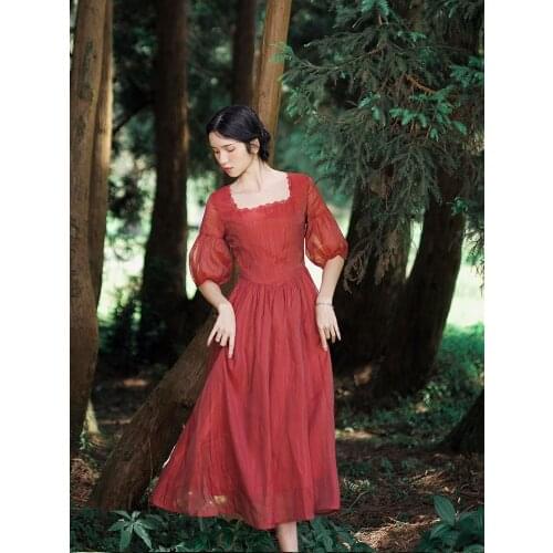 Summer Vintage Elegant Slim Red Midi Korean Sweet Lace Collar Shiny Gold Silk Tencel Long Dress Women Clothing