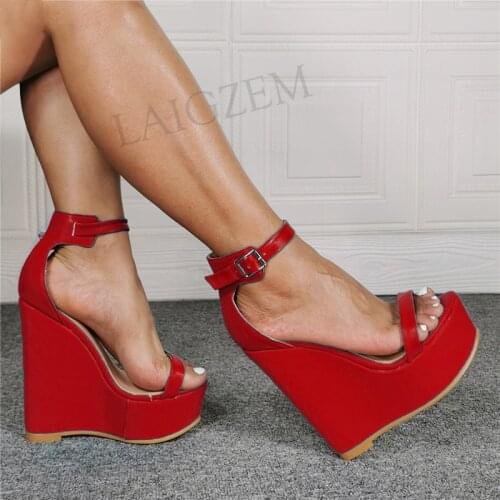 DOBANER Women Sandals Platform Wedges Ankle Strap Height Increase Faux Leather Shoes Woman Sandals Large Size 43 45 47 50 52