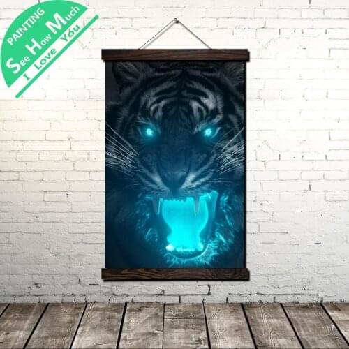 Fantasy Tiger Blue Light Scroll Painting Canvas Vintage Poster and Prints Wall Art Pictures Bedroom Farmhouse Decoration