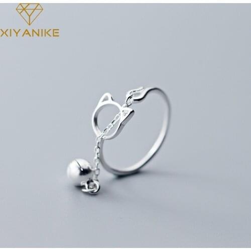 XIYANIKE 925 Sterling Silver Creative Cute Bell Cat Rings for Women Wedding Couple Trendy Handmade Jewelry Valentines day Gift
