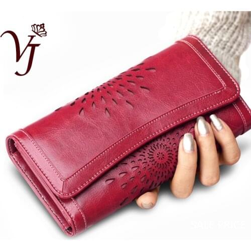 Fashion Luxury Womens Cow Leather Phone Wallet Retro Sunflower Hollow Out Card Holders Lady Elegant Purse Female Long Clutches