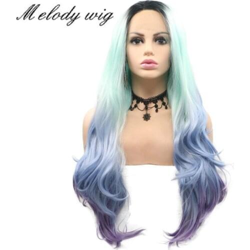 Melody Synthetic Lace Front Wigs Dark Roots Ombre Light Green Verdancy Pale Blue Lavender Purple Long Natural Wave for Women