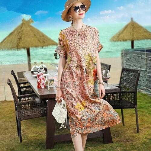 Summer Embroidery Solid Mulberry Silk Midi Dress 2021 Casual Pink 4XL Plus Size Chiffon Dress Women Elgant Bodycon Party Vestido