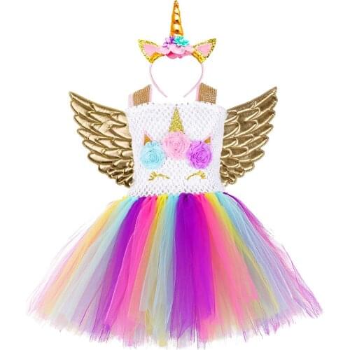 Summer Spring Flower Girl Unicorn Tutu Dress Kids Knee Length Birthday Halloween Baptism Carnival Party Costume Clothes 12M-14T