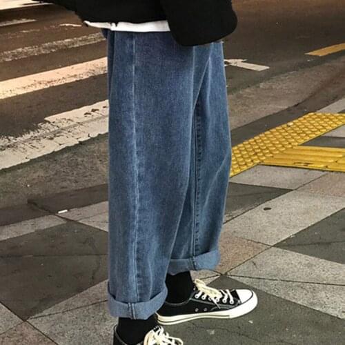 2021 New Fashion loose retro jeans tooling brand Korean trend wide leg loose pants straight jeans men Solid color