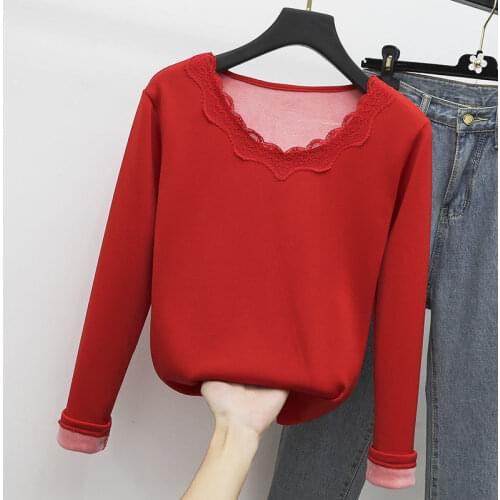 2021 Women Autumn Winter New Thermal Underwear Tops Female Warm Long Sleeve Tops Ladies Lace V-neck Slim Solid Color Tops E511