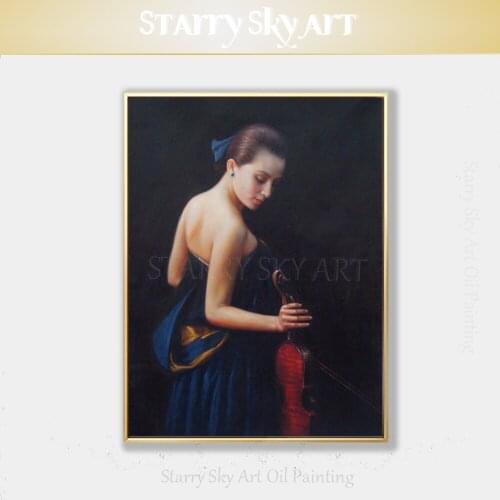 Pure Hand-painted High Quality Impressionist Europe Lady Playing Violin Oil Painting on Canvas Beauty Musical Lady Oil Painting