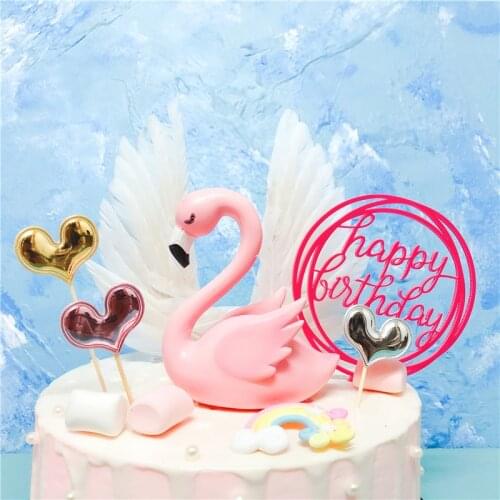 Pink Flamingo Cake Topper Happy Birthday Cake Decoration for Wedding Party Supplies DIY Home Cake Baking Decor
