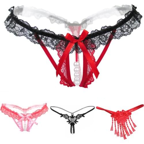 Sexy Thongs Women Pearl Panties Beading Bow Tie Lace T-pants Sexy G String Underwear for Woman Briefs Lingerie Intimate Sex Toys