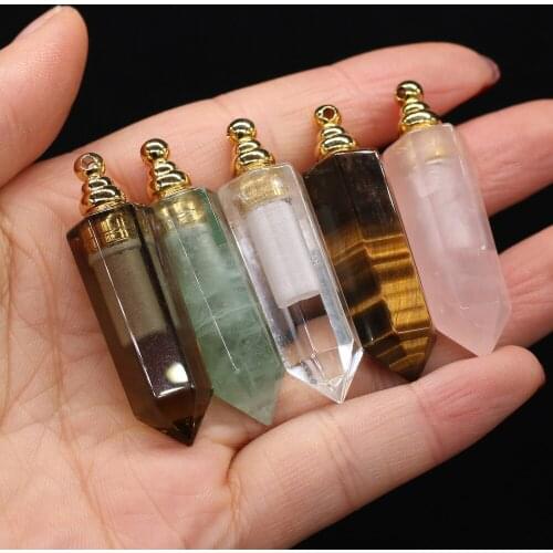 Hexagon Prism Pink Green White Crystal Quartz Perfume Bottle Pendant Wholesale Charms for Necklace Dangle Jewelry Making