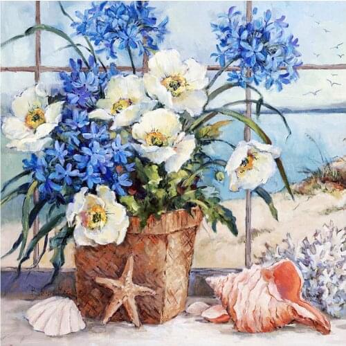 Blue Flower Vase on Windowsill Diamond Painting Oil Floral Round Full Drill Nouveaute DIY Mosaic Embroidery 5D Cross Stitch Gift