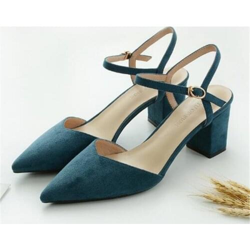 Shoes Woman 2020 Square Hight Heels Pointed Toe Solid Flock Pumps Female Casual Sandals Ankle Straps Sexy Wedding Party Shoe