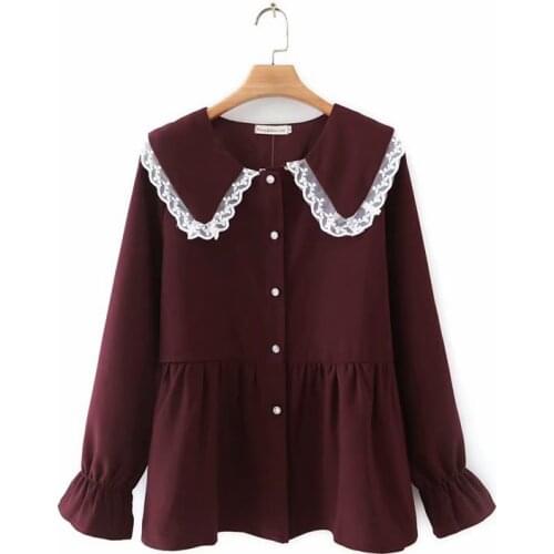 Oversized shirt lace peter pan collar loose womens blouses new 2021 black dark red blue spring autumn Womens long sleeve top