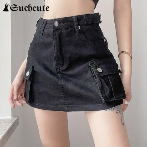 SUCHCUTE Punk Denim Shorts Skirts Women Sexy Hight Waist With Sashes Pockets Black Jeans Skirt Harajuku Streetwear Gothic Skirts