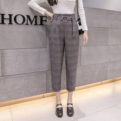 2021 Autumn New Retro Plaid Harlan Female Women Casual High Waist Nine-Point Pants With Belt D3802