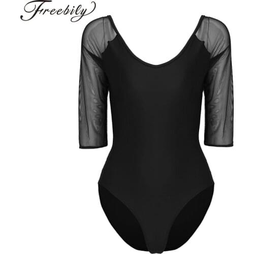 Women Dancewear Black Mesh Dance Leotards 3/4 Sleeve Ballet Leotards Adult Ballet Practice Dance Costume Gymnastics Leotards