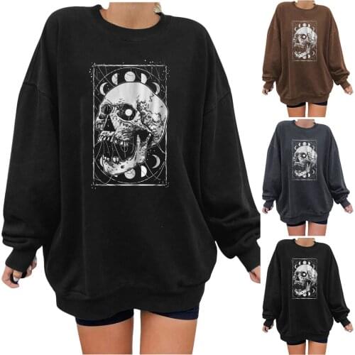 Women Long Sleeve Halloween Pullover T-shirt Round Neck Blouse Top Skeleton Skull Printing Daily All-match Lovely Girl T-shirt