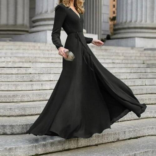 Women Sexy Formal Maxi Dress V Neck Belted Long Sleeve Solid Color Split Hem Bandage Office Ladies Evening Party Prom Gown