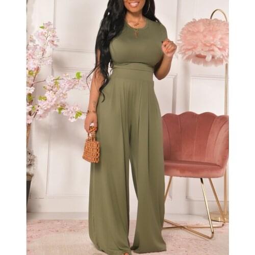 2021 Solid Short Sleeve Crop Tops and Wide Leg Pants Set Women Casual Two Piece Set Outfits Loungewear