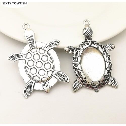 5set Antique Silver Metal sea turtle Fit 18x25mm Oval Cabochon Pendant Setting Vintage Blank Charms+Clear Glass Cabochons A2019