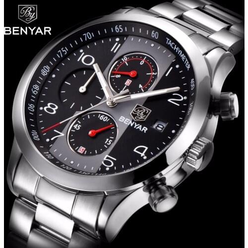 BENYAR Full Steel Mens Watches Top Brand Luxury Business Quartz Watch Men Tachymeter 30M Waterproof Male Clock Relogio Masculino