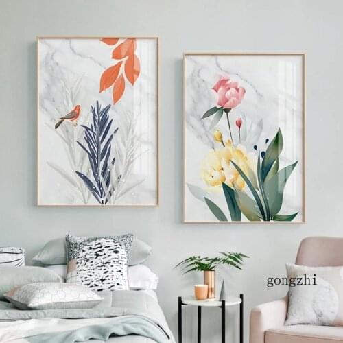 Flower Plant Spring Natural Scenery Wall Art Canvas Painting White Marble Posters and Prints Pictures for Living Room Home Decor
