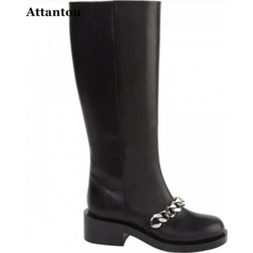 Designer Chains Motorcycle Boots Women Gladiator Botte Femme Genuine Leather Women Long Boots Knee High Shoes Woman Winter Boots