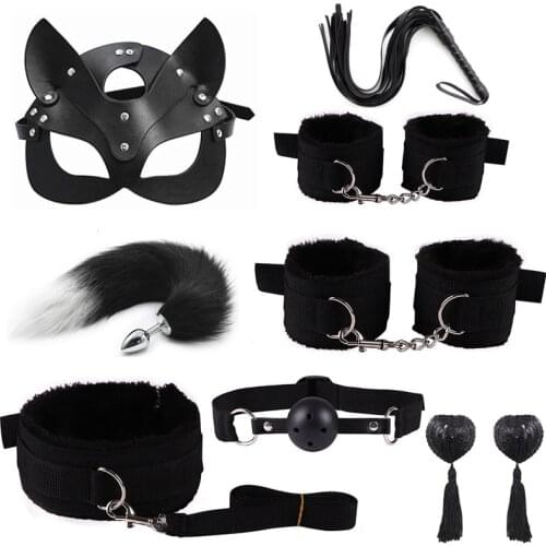 Erotic Cat Mask Women 40cm Fox tail Stimulate Bondage Restraints Nylon Plush BDSM Sexy Handcuffs Whip Metal Anal Plug Sex Toys