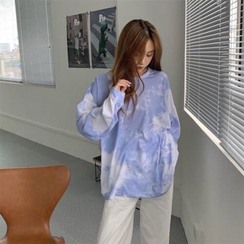2020 New Fashion Autumm Long Sleeve Tshirts Women Streetwear Tie Dye Print Loose Tee Shirt Oversized Tops