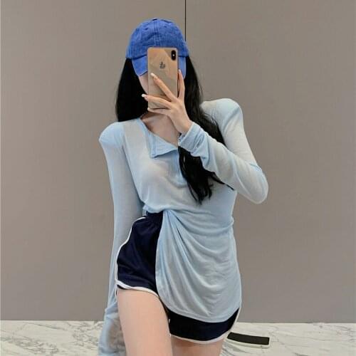 Sunscreen T-shirt Women Summer Thin V-neck Semi-open Collar Shoulder Pad Long Sleeve New Loose Thin Mid-length Top