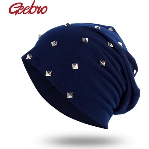 Geebro Knitted Female hat with Silver Rivets Skullies Beanies Hats for Women gorras Womens Punk Bonnet beanie hats for girls