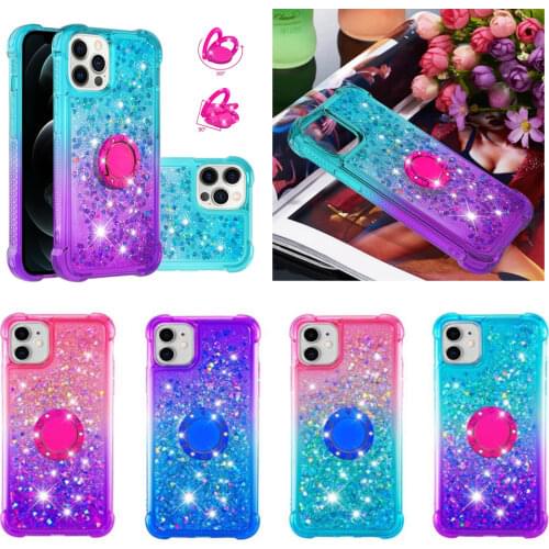 Gradient Liquid Quicksand Case for iPhone 12 11 Pro Max SE 2020 XR XS 6 7 8 Plus Magnetic Car Glitter Cover Ring Holder Stand