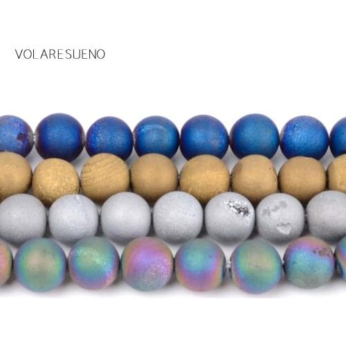 Metallic Coated Colorful Druzy Agates Stone Round Loose Beads 6mm-12mm Spacer Beads For Jewelry Making Diy Charm Necklace 15"