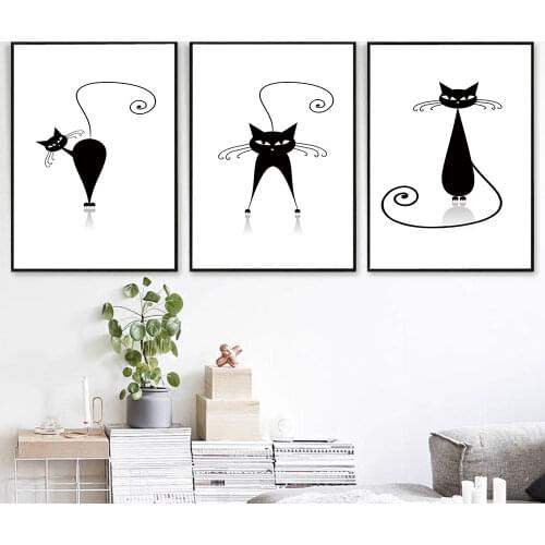 Minimalist Black White Animals Cute Cat Canvas Painting Wall Art Nordic Posters and Prints Wall Pictures for Living Room Decor