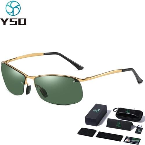 YSO New Brand Polarized Men Sunglasses Metal Frame UV400 Protection For Car Driving Glasses Men Rimless Green Lens Sunglasses