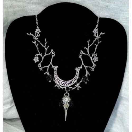 Branch Twig Necklace Halloween Crow Skull and Black Flowers Lace Moon Pendant Necklace